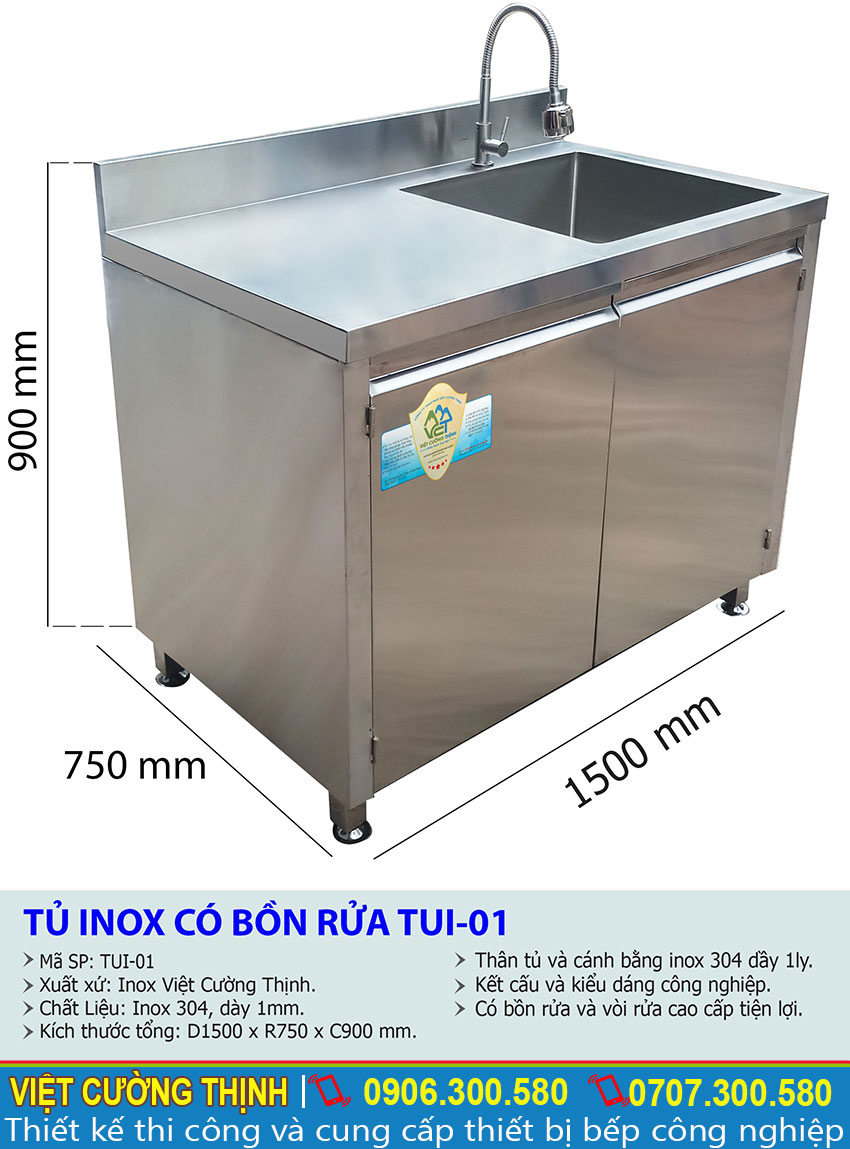 Thông số kỹ thuật Tủ inox có bồn rửa