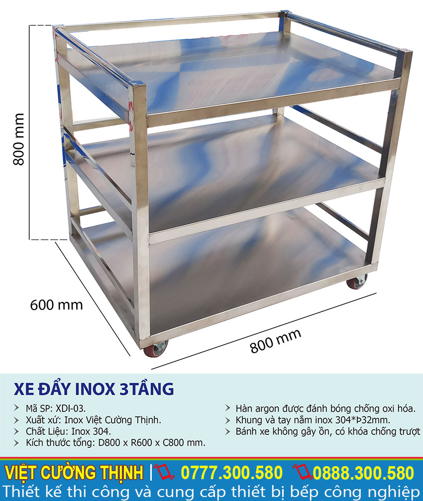 Thông số kỹ thuật Xe đẩy inox 3 tầng XDI-03