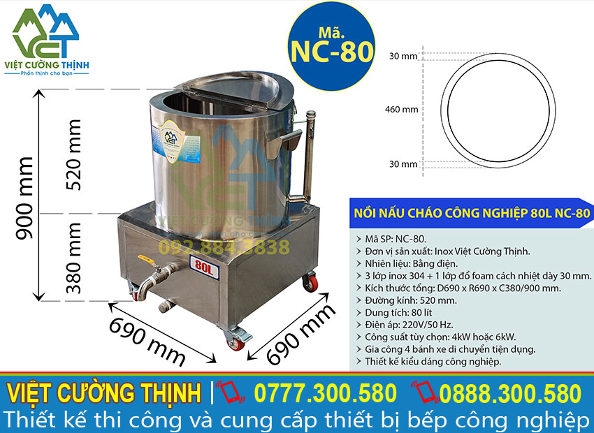 Thông số kỹ thuật của Nồi Điện Nấu Cháo Công Nghiệp 80 NC-80