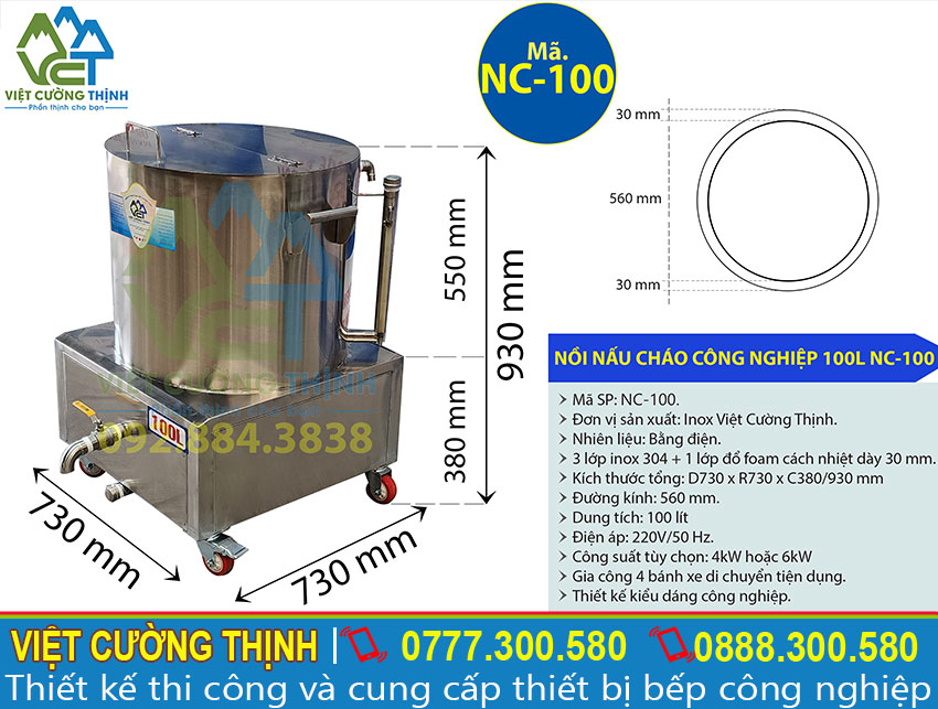 Thông số kỹ thuật của Nồi Nấu Cháo Bằng Điện Công Nghiệp 100L NC-100