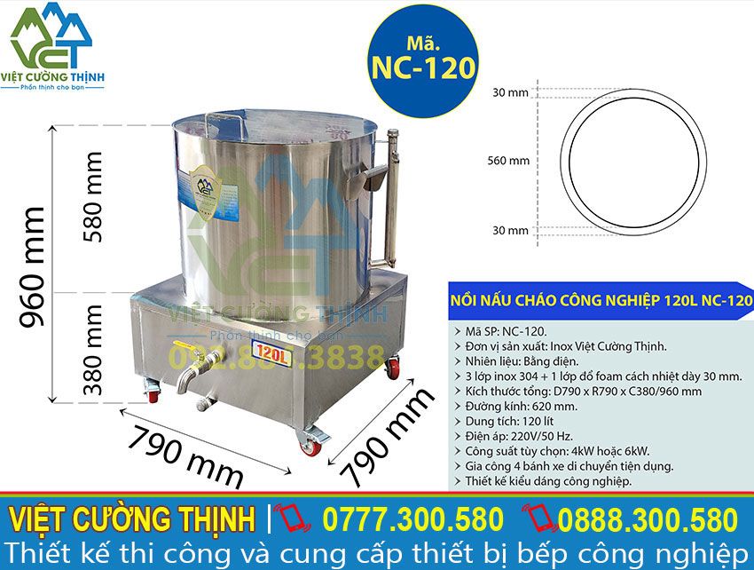 Thông số kỹ thuật của Nồi Nấu Cháo Công nghiệp Bằng Điện 120 Lít NC-120