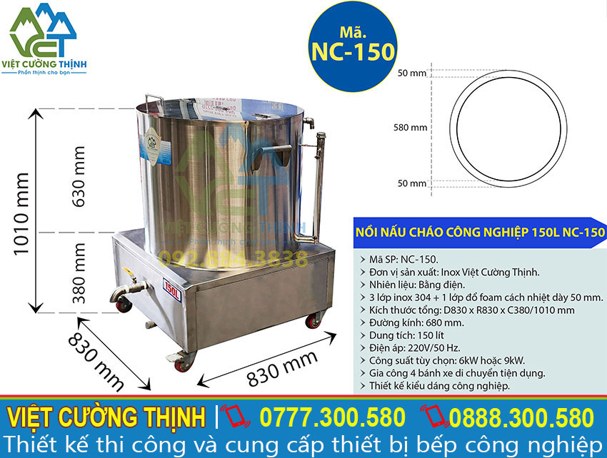 Thông số kỹ thuật của Nồi Nấu Cháo Bằng Điện 150 Lít NC-150