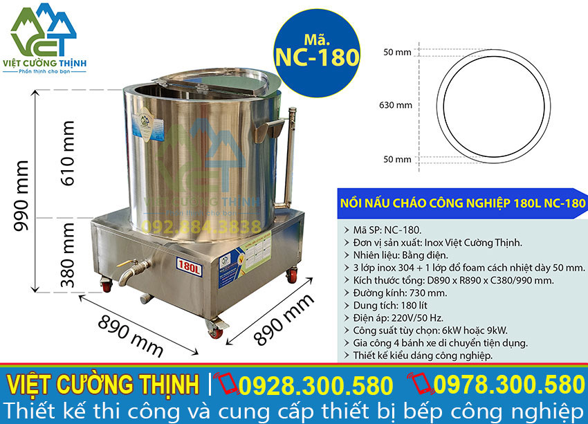 Thông số kỹ thuật của Nồi Nấu Cháo Bằng Điện 180L NC-180