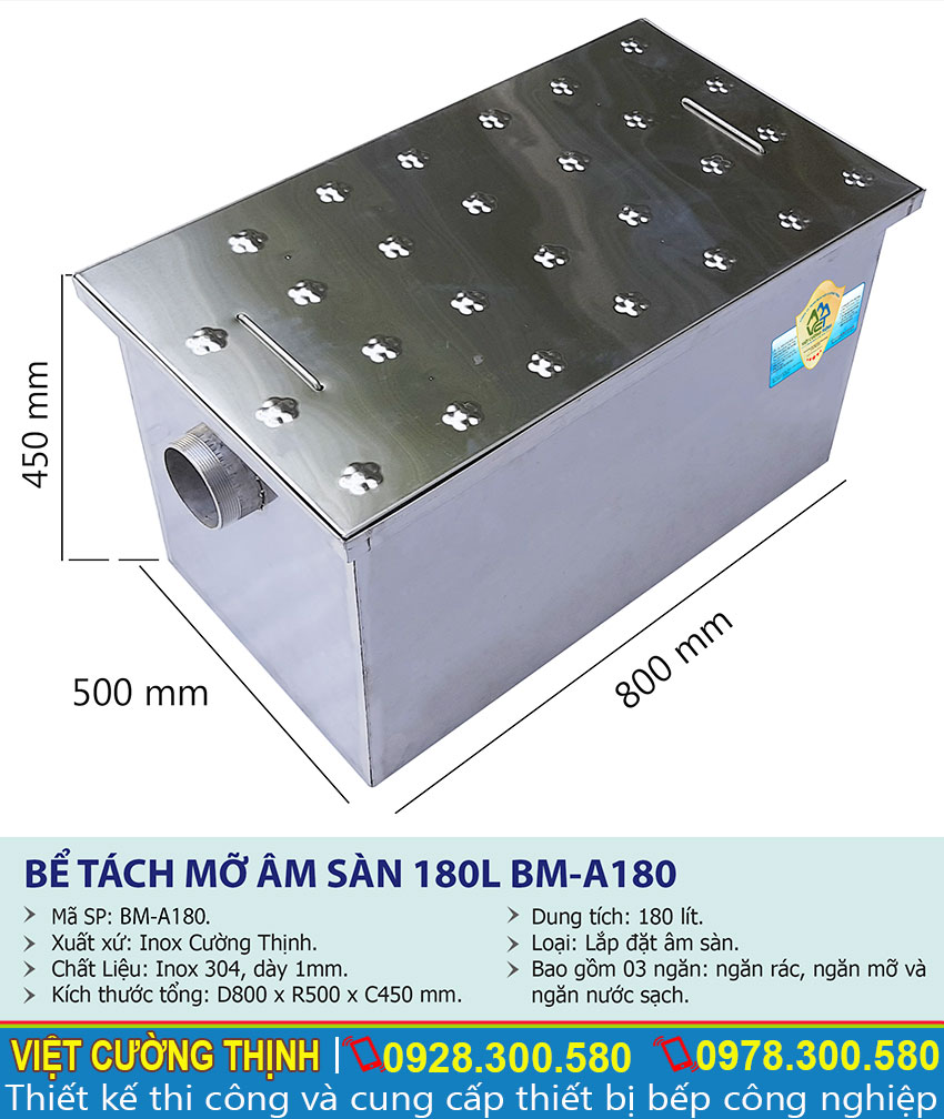 Thông số kỹ thuật bể tách mỡ âm sàn 180l BM-A180