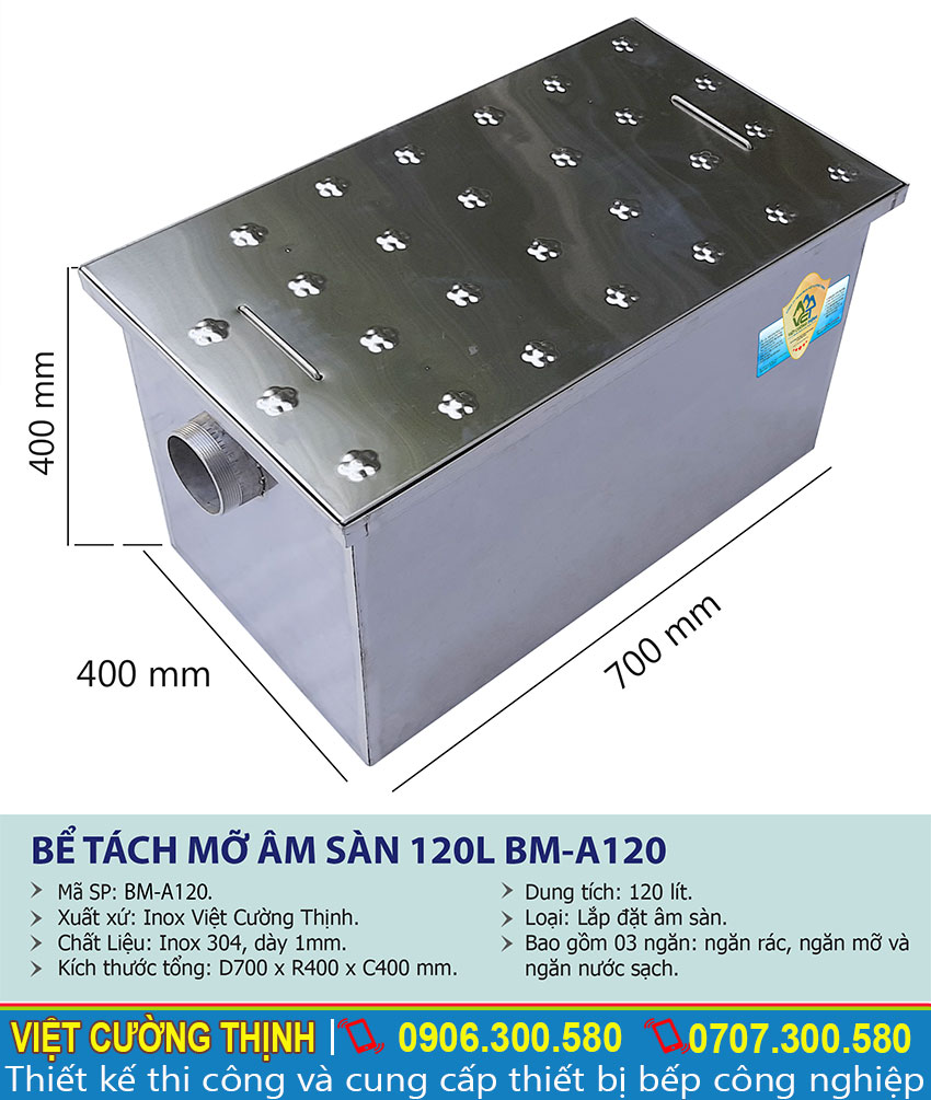 Thông số kỹ thuật Bể tách mỡ inox 120l âm sàn BM-A120