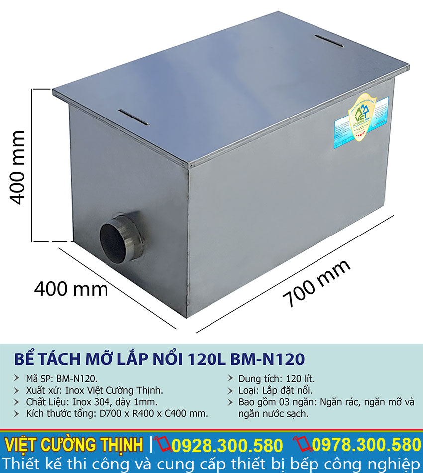 Thông số kỹ thuật bể tách mỡ inox nhà hàng 120l