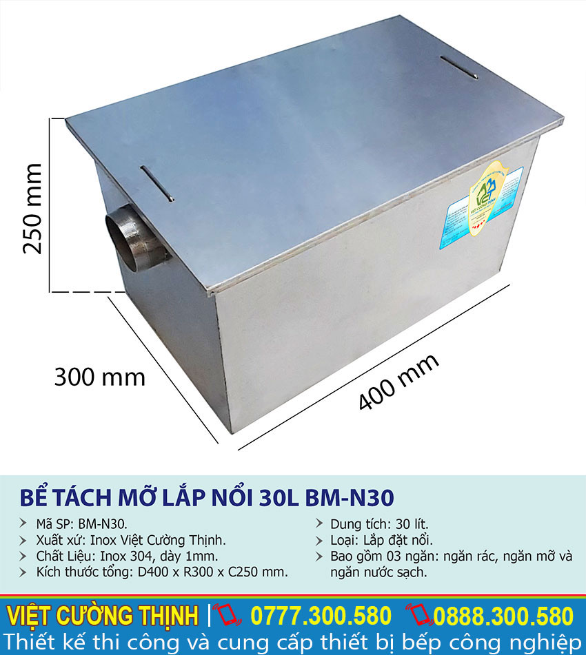 Thông số kỹ thuật bể tách mỡ inox 30L BM-N30
