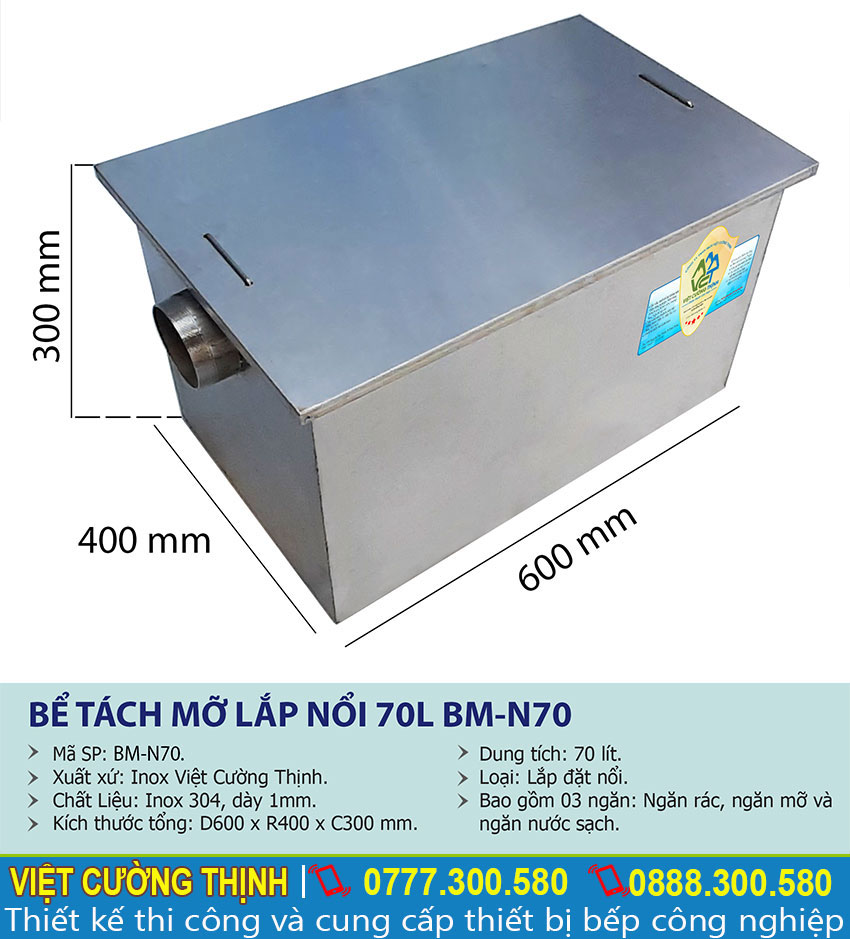 Thông số kỹ thuật Bể tách mỡ inox nhà hàng 70l