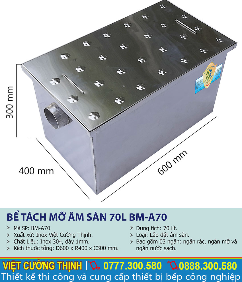 Thông số kỹ thuật bể tách mỡ inox nhà hàng âm sàn 70l