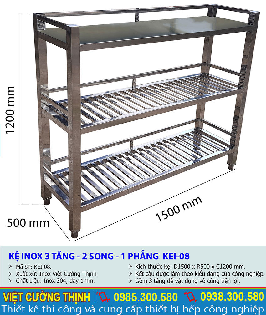 Thông số kỹ thuật kệ inox 3 tầng 2 song 1 phẳng