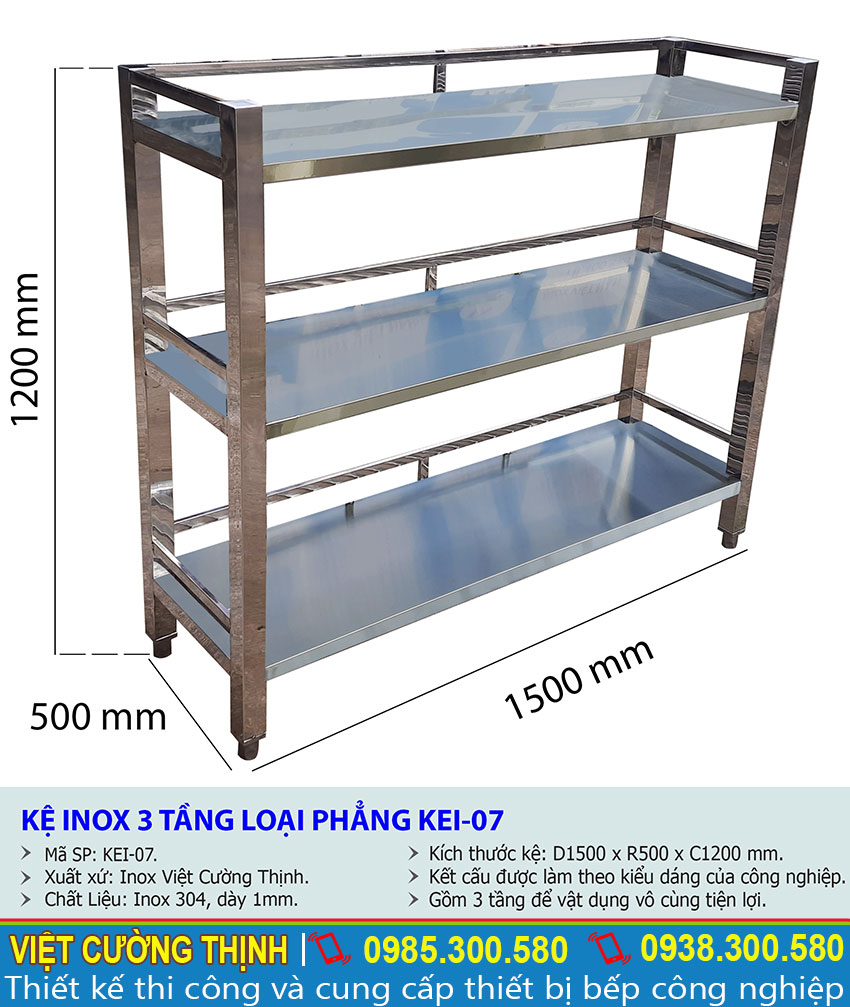 Thông số kỹ thuật kệ inox 3 tầng loại phẳng KEI-07