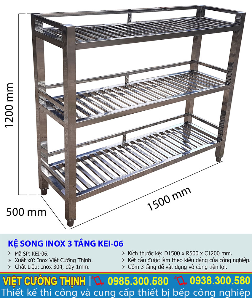 Thông số kỹ thuật kệ song inox 3 tầng KEI-06