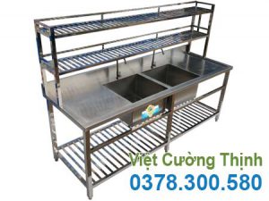 Chậu Rửa Chén 2 Ngăn Lớn Có Kệ Trên Kệ Dưới và Bàn Rửa 2 Bên Cánh