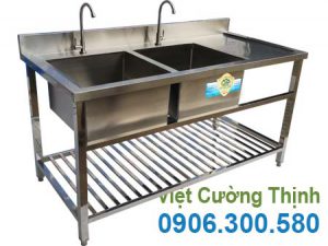 Chậu rửa đôi công nghiệp có kệ nan dưới và bàn rửa cánh phải CR-23