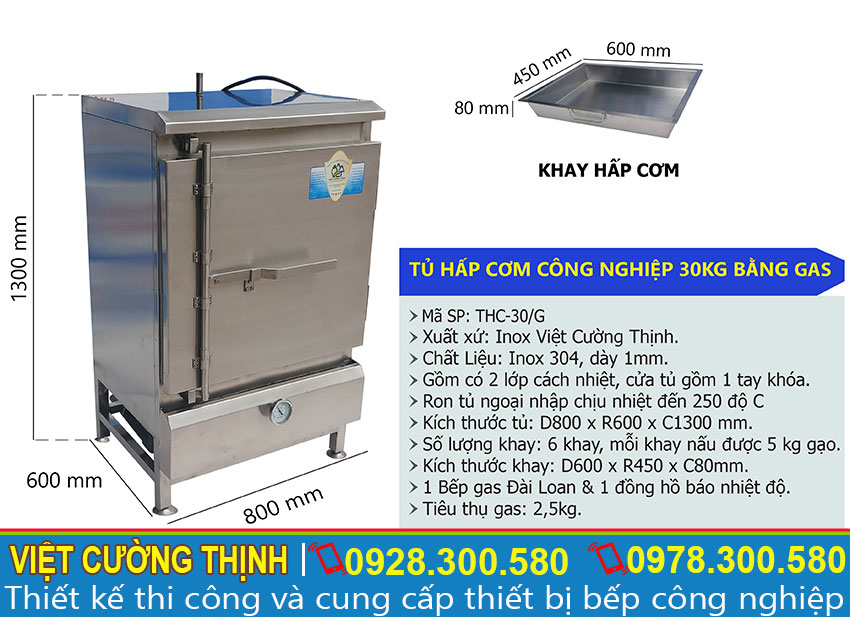 Thông số kỹ thuật tủ nấu cơm công nghiệp 30Kg sử dụng gas THC-30/G
