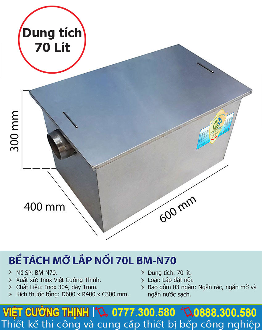 Thông số kỹ thuật của bể tách mỡ inox 70L BM-N70