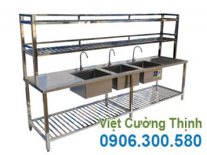Bồn Rửa Inox 3 Ngăn Lớn Có Kệ Trên Kệ Dưới và Bàn Rửa 2 Bên Cánh CR-27