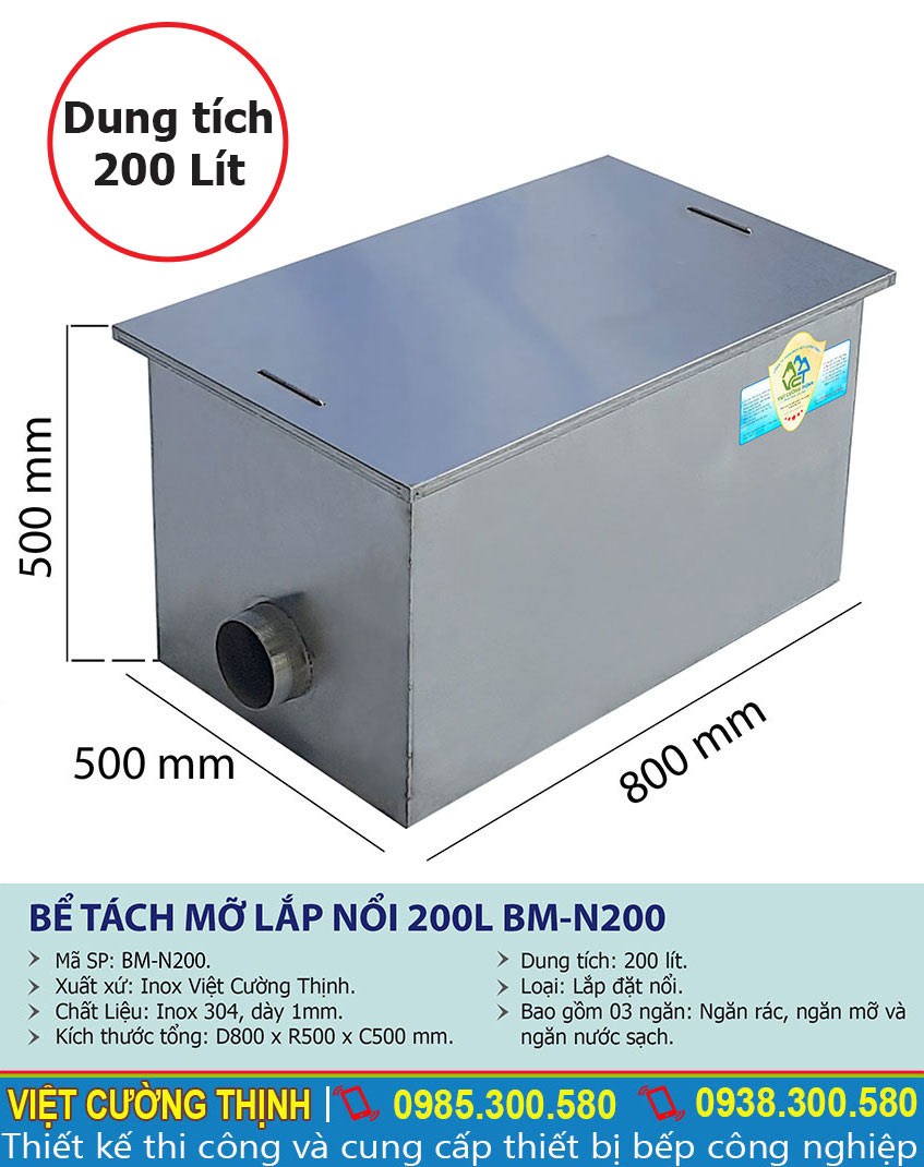 Thông số kỹ thuật Bể tách dầu mỡ inox nhà hàng 200l BM-N200