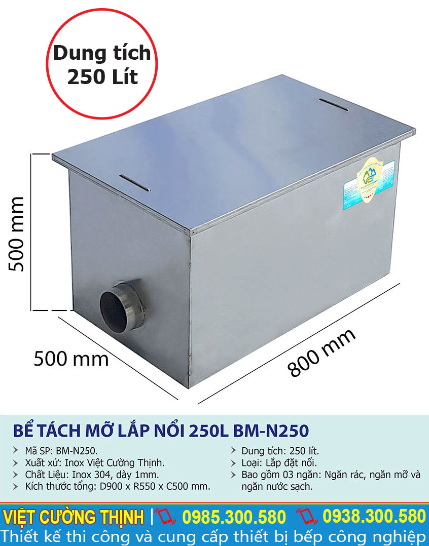 Thông số kỹ thuật của bẫy mỡ inox, bể tách mỡ bếp nhà hàng 250L BM-N250