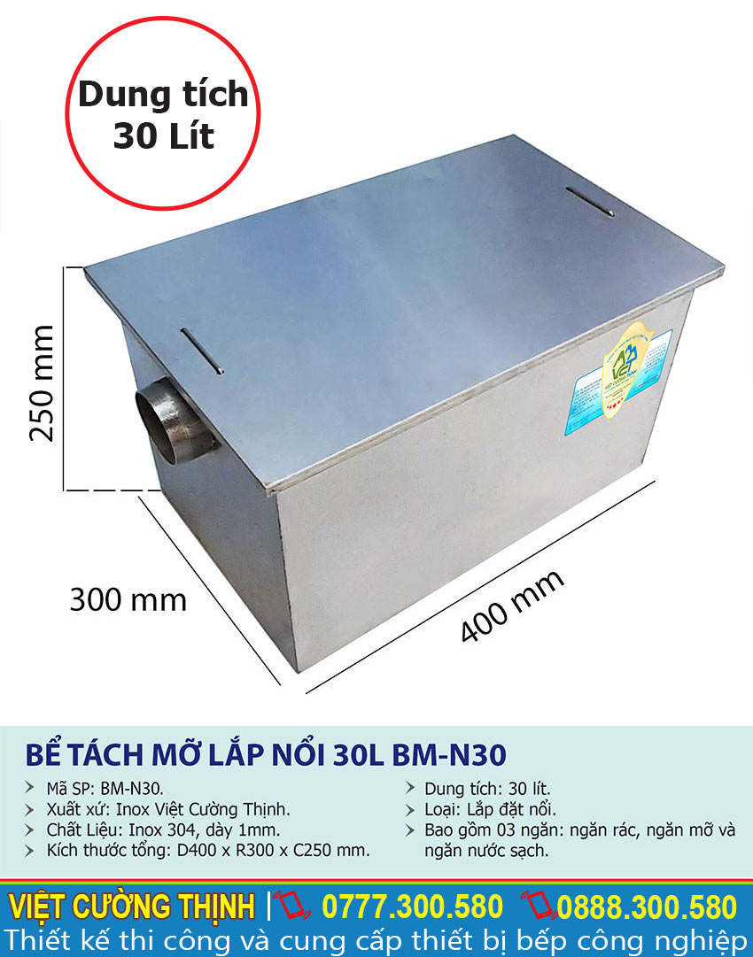 Thông số kỹ thuật bể tách mỡ inox 30L BM-N30