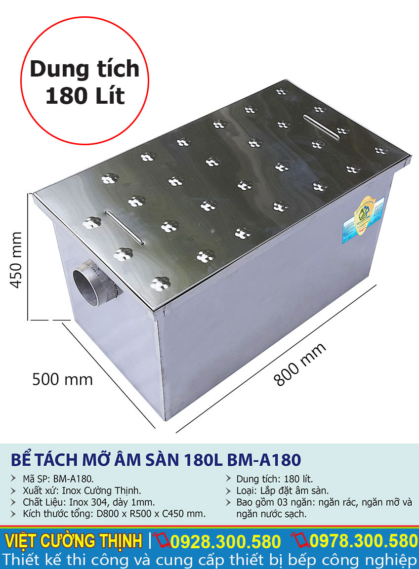 Thông số kỹ thuật bể tách mỡ âm sàn 180l BM-A180