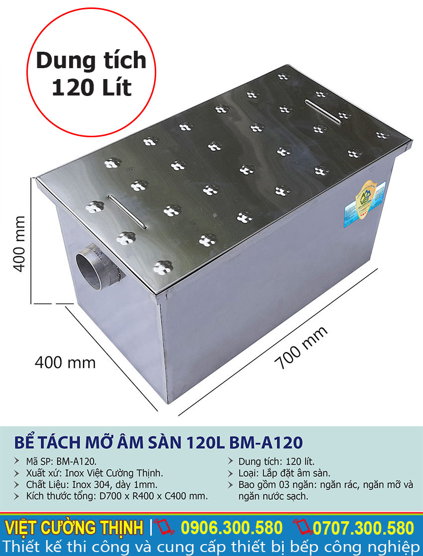Thông số kỹ thuật Bể tách mỡ inox 120l âm sàn BM-A120