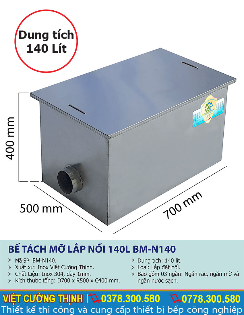Thông số kỹ thuật thùng lọc mỡ nhà hàng 140L BM-N140