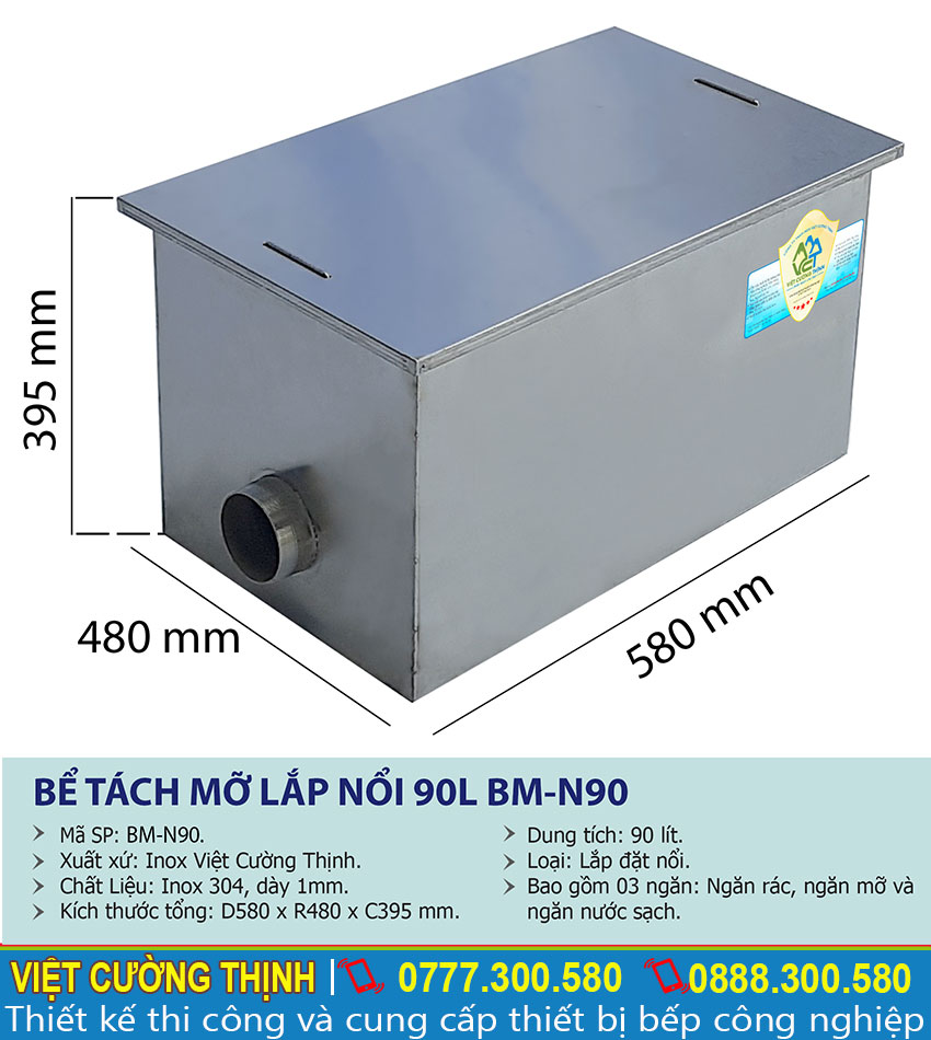 Thông số kỹ thuật bể tách mỡ inox nhà hàng 90l BM-N90