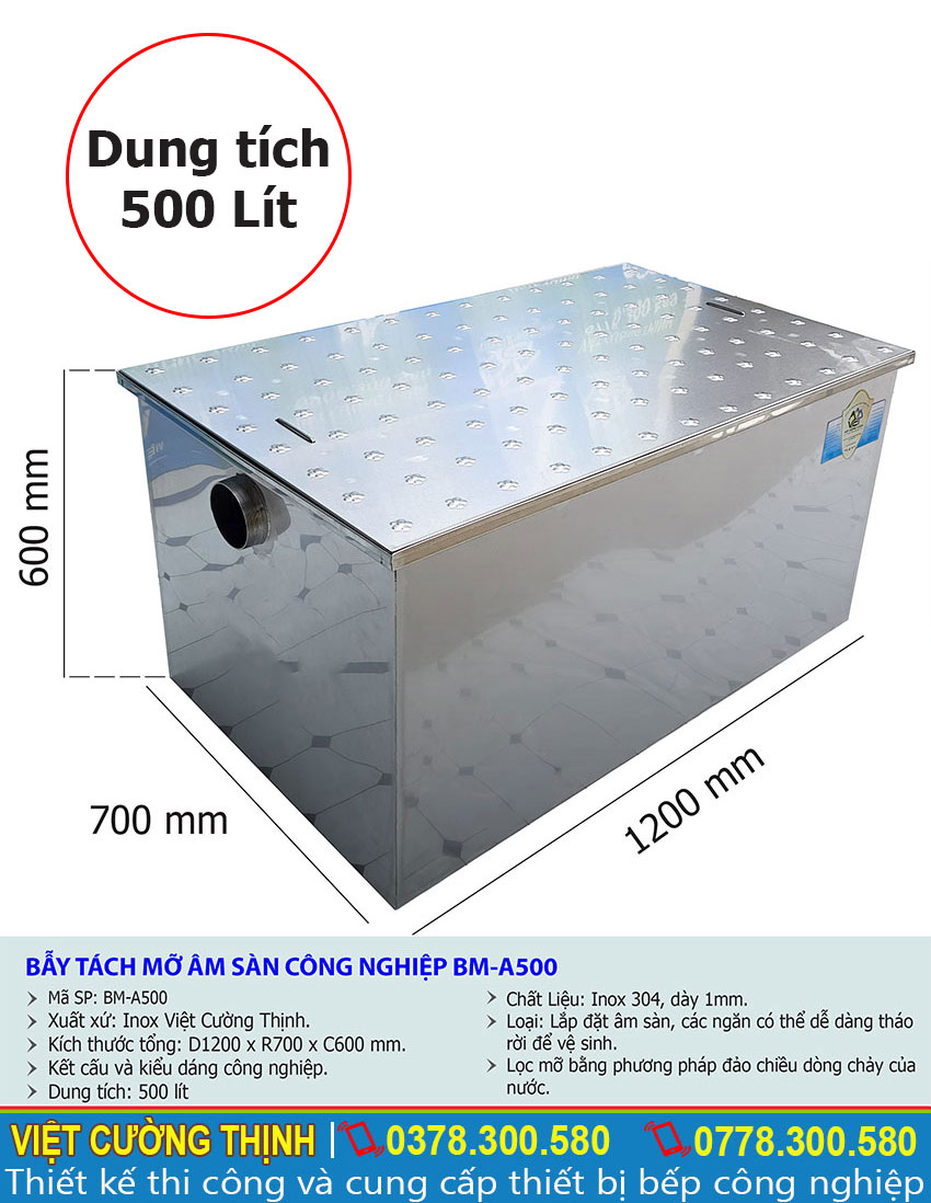 Thông số kỹ thuật bể tách mỡ âm sàn công nghiệp BM-A500.