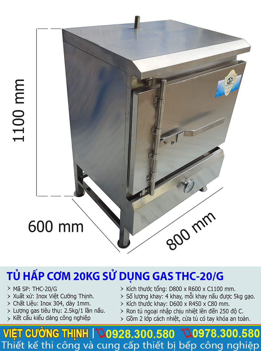 Thông số kỹ thuật Tủ hấp cơm 20Kg sử dụng Gas THC-20G