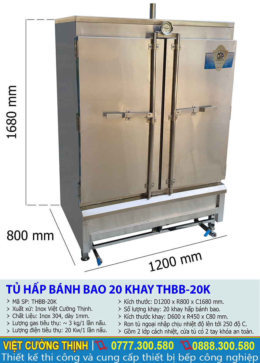 Thông số kỹ  thuật Tủ hấp bánh bao 20 khay THBB-20K