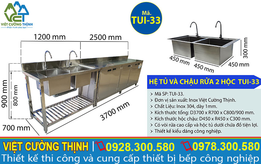 Tỷ lệ kích thước hệ tủ và chậu rửa 2 hộc TUI-33