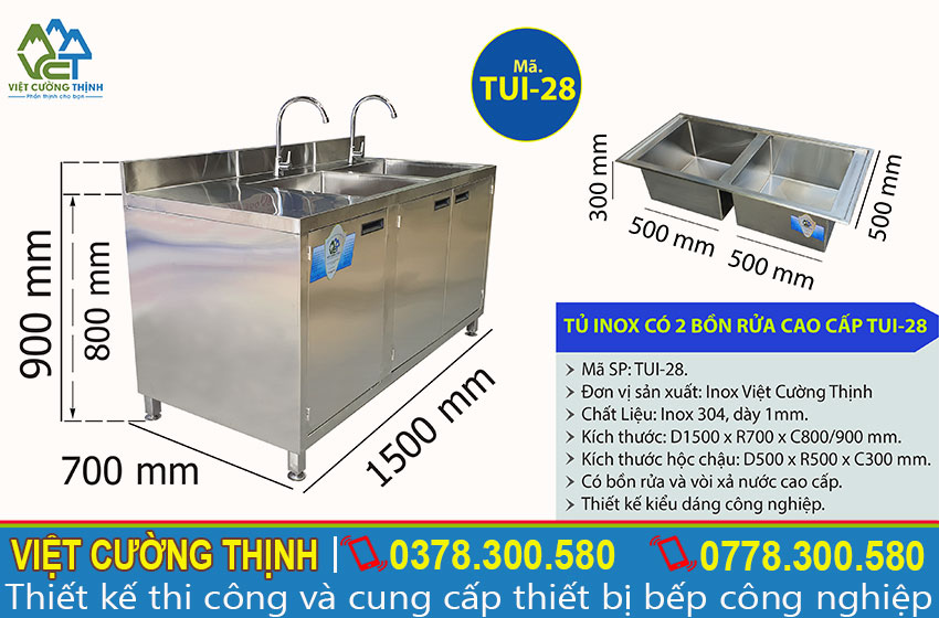 Tỷ lệ kích thước tủ inox có 2 bồn rửa cao cấp TUI-28