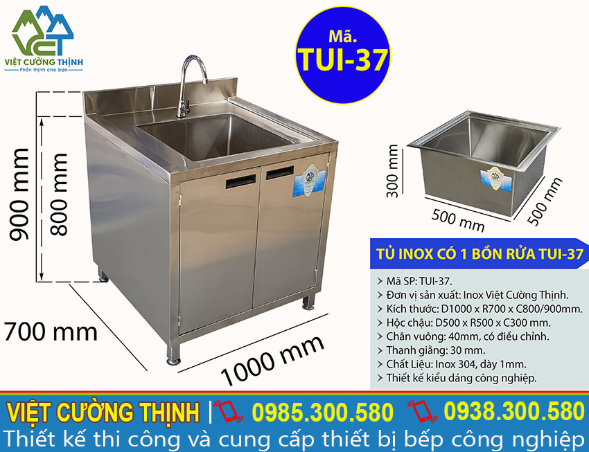 Tỷ lệ kích thước tủ inox có 1 bồn rửa TUI-37