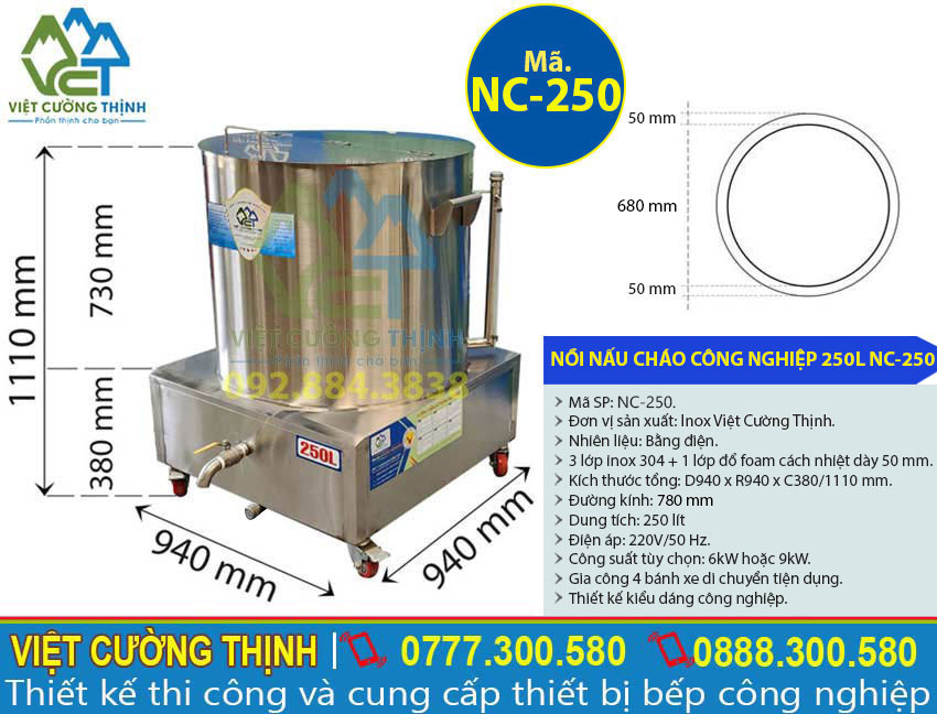 Thông số kỹ thuật của Nồi Nấu Cháo Công Nghiệp NC-250