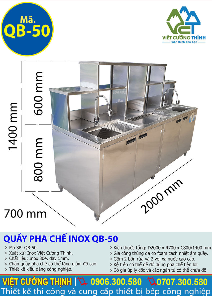 Tỷ lệ kích thước quầy pha chế trà sữa inox QB-50